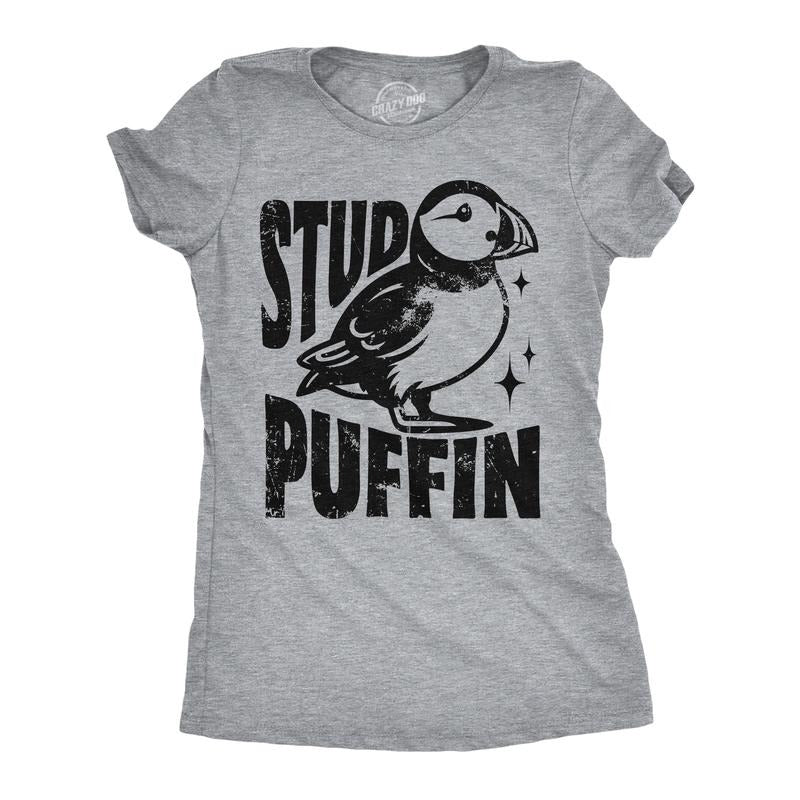 Womens Funny T Shirts Stud Puffin Sarcastic Graphic Tee For Ladies Funny Womens T Shirts Cute Slimming Top Comfortable Soft Womenswear Sarcastic Tops for Women Funny Animal Top Women's Novelty Tees Light Grey