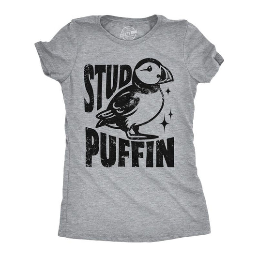 Womens Funny T Shirts Stud Puffin Sarcastic Graphic Tee For Ladies Funny Womens T Shirts Cute Slimming Top Comfortable Soft Womenswear Sarcastic Tops for Women Funny Animal Top Women's Novelty Tees Light Grey