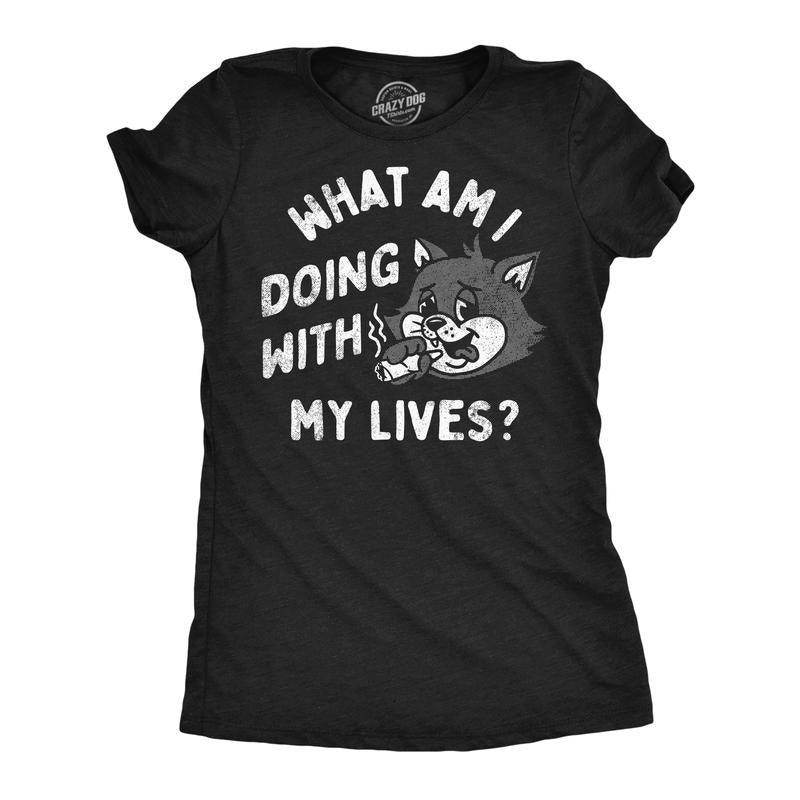Womens Funny T Shirts What Am I Doing With My Lives Sarcastic Kitten Tee For Ladies Funny Womens T Shirts Cute Slimming Top Comfortable Soft Womenswear Sarcastic Tops for Women Funny Cat Top Women's Black -