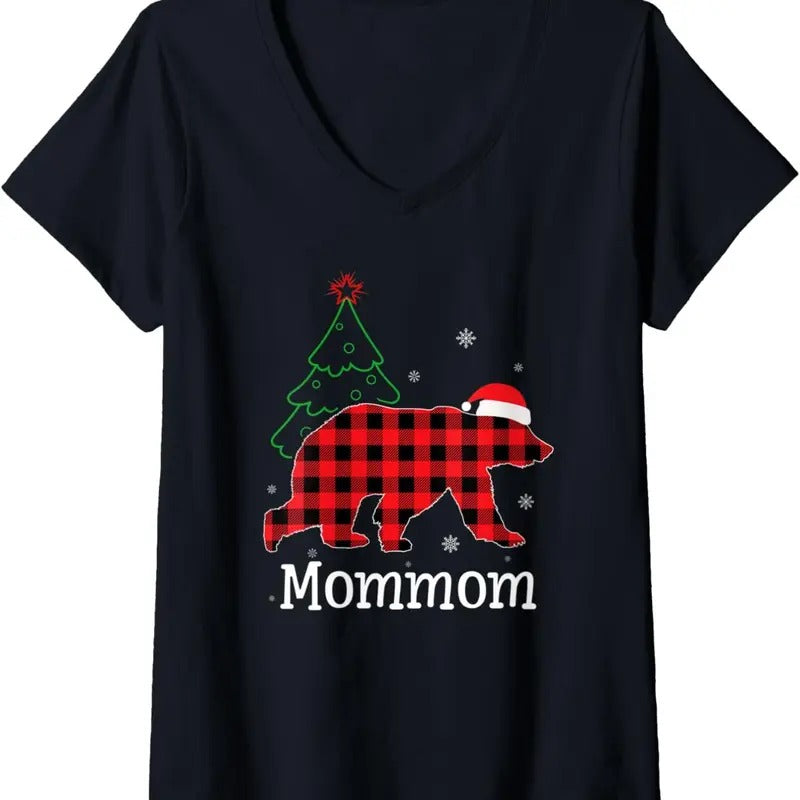 Womens Funny Xmas Red Plaid Mommom Bear Ugly Christmas Sweater V-Neck T-Shirt