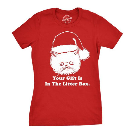 Womens Gift Is In The Litter Box Funny Crazy Cat Christmas Holiday T shirt Funny Womens T Shirts Cute Slimming Top Comfortable Soft Womenswear Christmas Tops for Women Funny Cat Top Women's Novelty Red