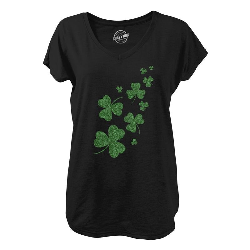 Womens Glitter Shamrocks V-Neck Funny Saint Patricks Day Shamrock Clover Shirt for Ladies Funny Shirts for Women Saint Patrick's Day  Women's Novelty Tees Black