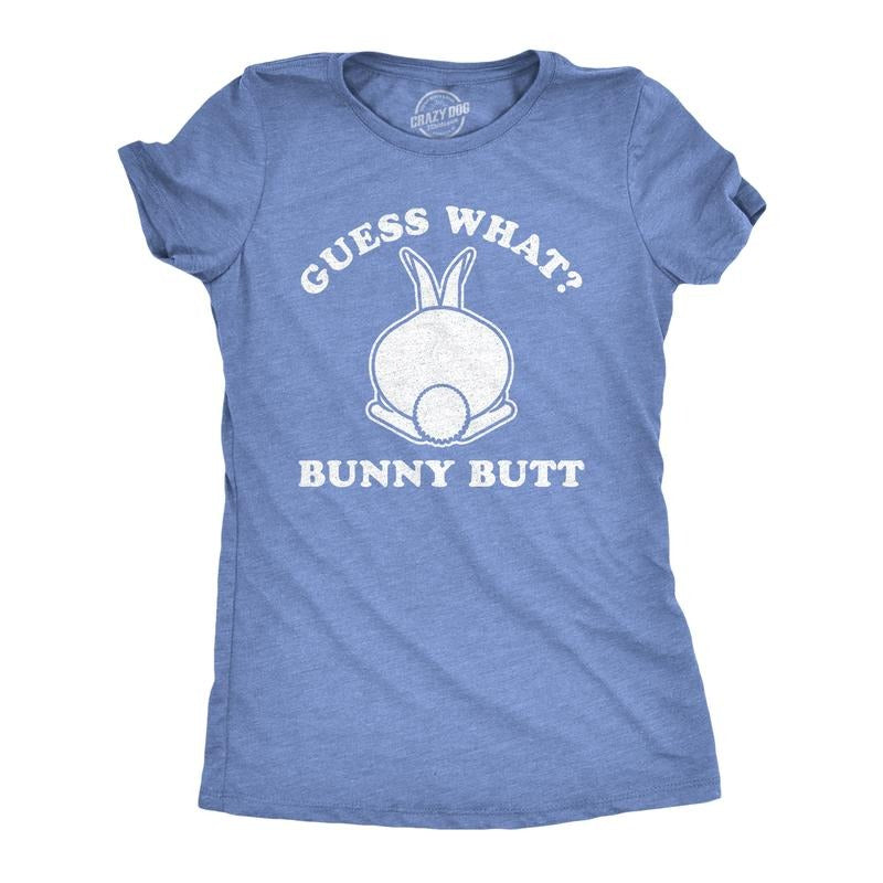 Womens Guess What Bunny Butt T shirt Funny Easter Sunday Gift for Egg Basket Funny Womens T Shirts Cute Slimming Top Comfortable Soft Womenswear Easter Tops for Women Funny Animal Top Women's Novelty Light Blue