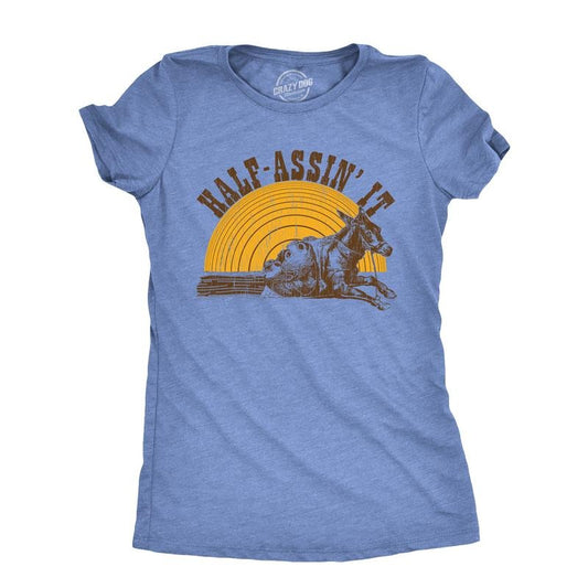 Womens Half Assin It T Shirt Funny Donkey Low Effort Joke Tee For Ladies Funny Womens T Shirts Cute Slimming Top Comfortable Soft Womenswear Sarcastic Tops for Women Funny Animal Top Women's Novelty Light Blue