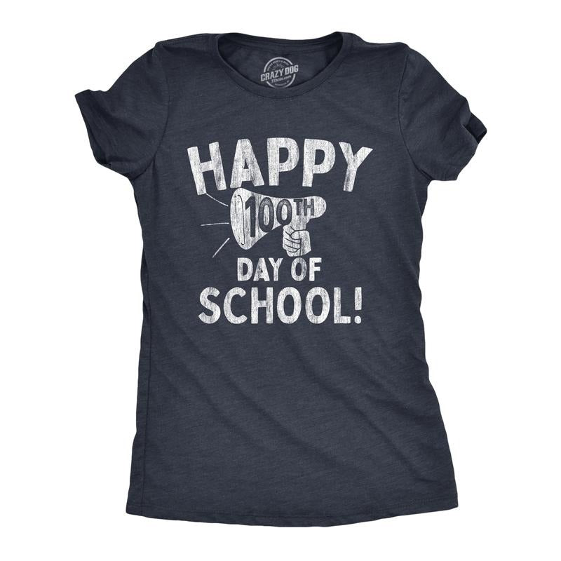 Womens Happy 100th Day of School T Shirt Funny Teacher Learning Tee For Ladies Funny Womens T Shirts Cute Slimming Top Comfortable Soft Womenswear Funny Teacher Top Women's Novelty Tees Navy