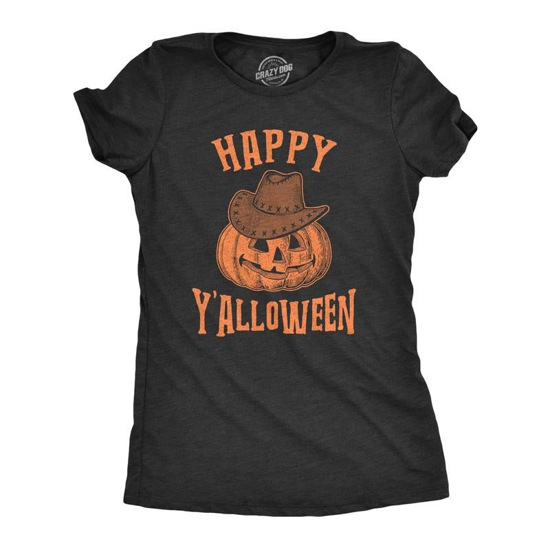 Womens Happy Y'alloween T Shirt Funny Halloween Jack-O-Lantern Cowboy Graphic Novelty Tee Funny Womens T Shirts Cute Slimming Top Comfortable Soft Womenswear Halloween Tops for Women Women's Novelty Black