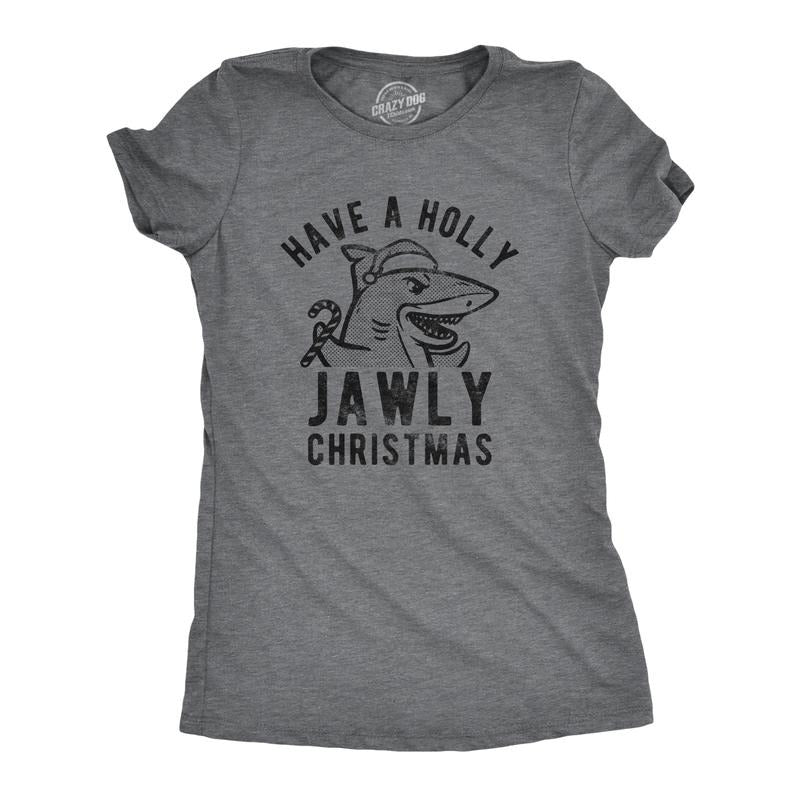 Womens Have A Holly Jawly Christmas T Shirt Funny Holiday Shark Graphic Tee Funny Womens T Shirts Cute Slimming Top Comfortable Soft Womenswear Halloween Tops for Women Funny Shark Top Women's Novelty Dark Grey