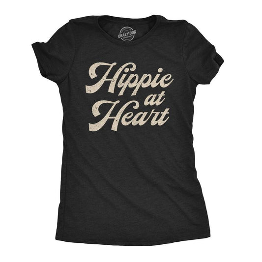 Womens Hippie At Heart T Shirt Funny Flower Child 70s Groovy Graphic Tee Funny Womens T Shirts Cute Slimming Top Comfortable Soft Womenswear Women's Novelty Tees Black