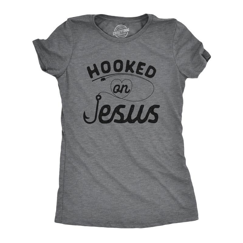 Womens Hooked On Jesus Tshirt Funny Fishing Religious Novelty Tee Funny Womens T Shirts Cute Slimming Tees with Plus Sizes Religious T Shirt for Women Funny Fishing T Shirt Women's Novelty T Shirts Dark Grey