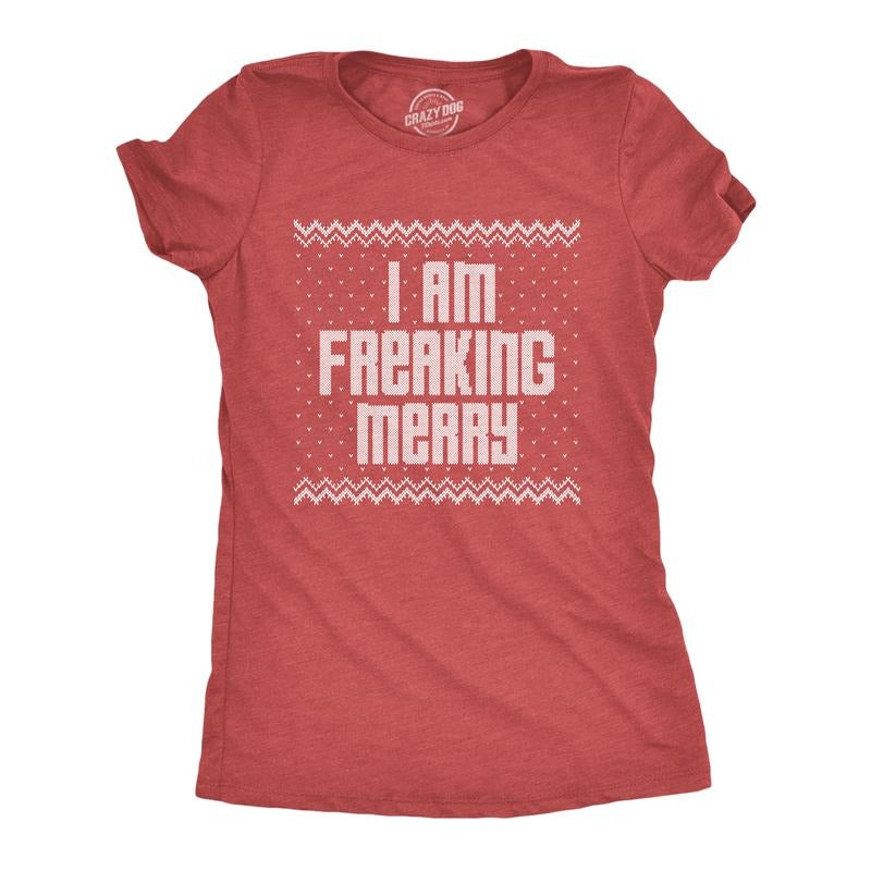 Womens I Am Freaking Merry T Shirt Funny Christmas Spirit Holiday Party Graphic Tee Funny Womens T Shirts Cute Slimming Top Comfortable Soft Womenswear Christmas Tops for Women Women's Novelty Tees Red