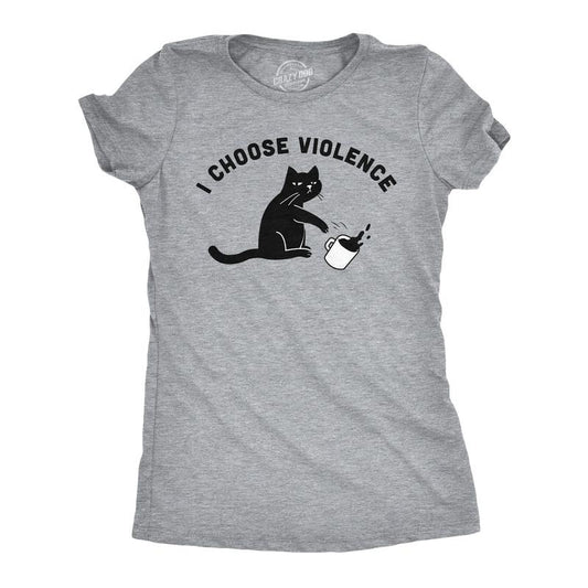 Womens I Choose Violence Funny T Shirts Saracastic Cat Graphic Tee for Ladies Funny Womens T Shirts Cute Slimming Top Comfortable Soft Womenswear Sarcastic Tops for Women Funny Cat Top Women's Novelty Light Grey