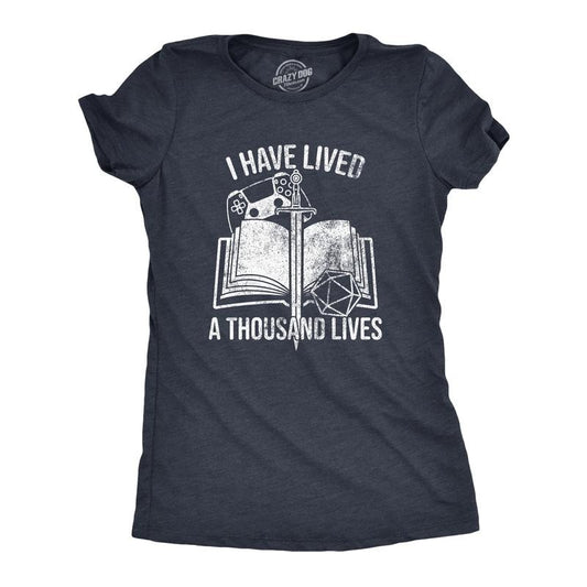 Womens I Have Lived A Thousand Lives T Shirt Funny Video Gaming Role Playing Reading Lovers Tee For Ladies Funny Womens T Shirts Cute Slimming Top Comfortable Soft Womenswear Nerd T Shirt for Women Navy -
