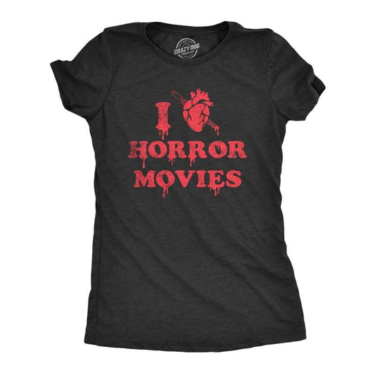 Womens I Heart Horror Movies T Shirt Funny Bloody Scary Movie Lovers Tee for Ladies Funny Womens T Shirts Cute Slimming Top Comfortable Soft Womenswear Funny Movie Top Women's Novelty Tees Black -