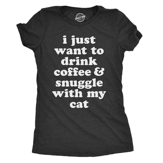 Womens I Just Want To Drink Coffee And Snuggle With My Cat T shirt Funny Tee Funny Womens T Shirts Cute Slimming Top Comfortable Soft Womenswear Cat Tops for Women Funny Coffee Top Women's Novelty Black