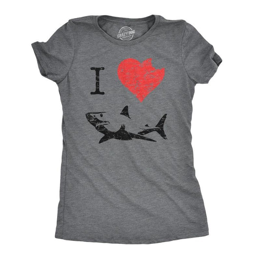 Womens I Love Sharks T Shirt Shark Bite Shirt Vintage Graphic Tee for Ladies Funny Womens T Shirts Cute Slimming Top Comfortable Soft Womenswear Shark Tops for Women Women's Novelty Tees Dark Grey