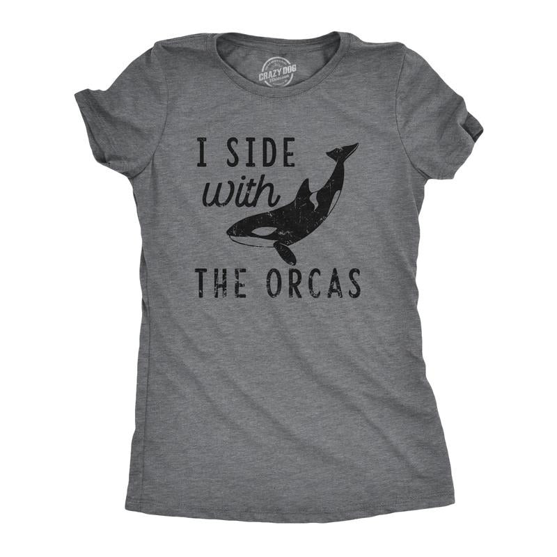 Womens I Side With The Orcas T Shirt Funny Orca Killer Whale Lovers Tee For Ladies Funny Womens T Shirts Cute Slimming Top Comfortable Soft Womenswear Sarcastic Tops for Women Funny Animal Top Women's Dark Grey