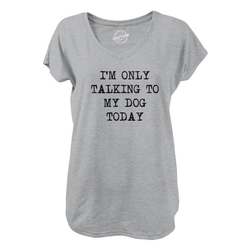 Womens I'm Only Talking To My Dog Today V-Neck Funny Cool Dog Lovers Novelty Shirt For Ladies Funny Shirts for Women Introvert  Funny Dog  Women's Novelty Tees Light Grey