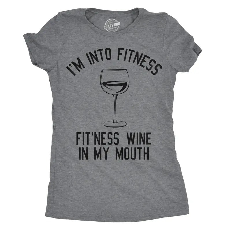 Womens Im Into Fitness Fitness Wine In My Mouth T Shirt Funny Drinking Vino Tee For Ladies Funny Womens T Shirts Cute Slimming Top Comfortable Soft Womenswear Fitness Tops for Women Funny Drinking Top Dark Grey
