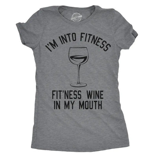 Womens Im Into Fitness Fitness Wine In My Mouth T Shirt Funny Drinking Vino Tee For Ladies Funny Womens T Shirts Cute Slimming Top Comfortable Soft Womenswear Fitness Tops for Women Funny Drinking Top Dark Grey