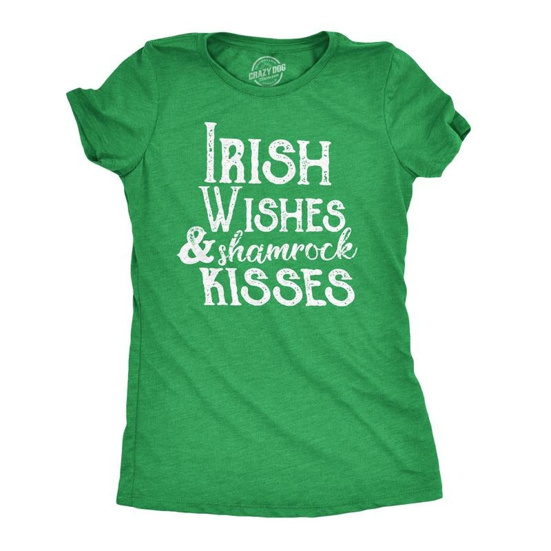 Womens Irish Wishes And Shamrock Kisses T Shirt Funny St Saint Patricks Day Tee Funny Womens T Shirts Cute Slimming Top Comfortable Soft Womenswear Saint Patrick's Day Tops for Women Funny Beer Top Green