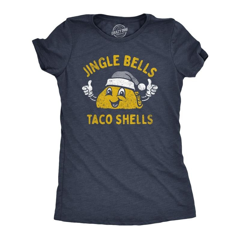 Womens Jingle Bells Taco Shells T Shirt Funny Xmas Season Mexican Food Lovers Tee For Ladies Funny Womens T Shirts Cute Slimming Top Comfortable Soft Womenswear Christmas Tops for Women Funny Food Top Navy -