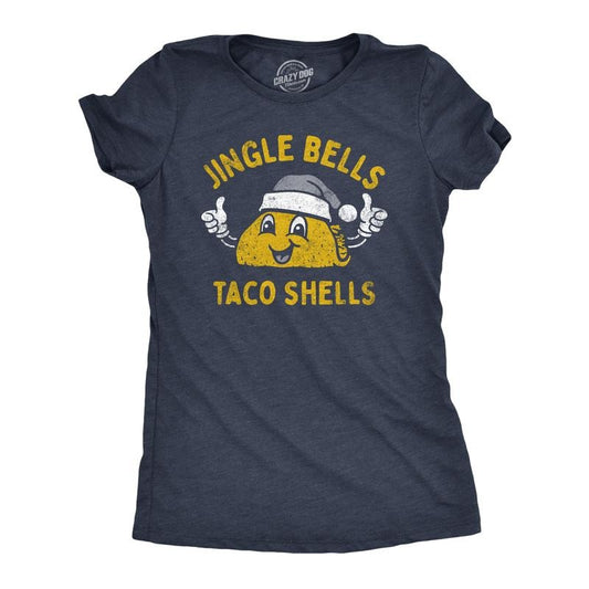 Womens Jingle Bells Taco Shells T Shirt Funny Xmas Season Mexican Food Lovers Tee For Ladies Funny Womens T Shirts Cute Slimming Top Comfortable Soft Womenswear Christmas Tops for Women Funny Food Top Navy -