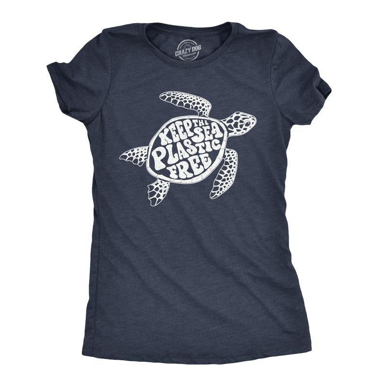 Womens Keep The Sea Plastic Fre T Shirt Cute Sea Turtle Earth Day  Tee Funny Womens T Shirts Cute Slimming Top Comfortable Soft Womenswear Environmental Tops for Women Funny Animal Top Women's Novelty Navy
