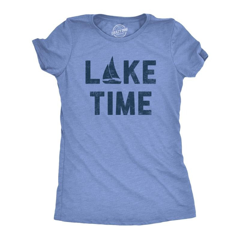 Womens Lake Time T Shirt Funny Vacation Getaway Boating Lovers Tee for Ladies Funny Womens T Shirts Cute Slimming Top Comfortable Soft Womenswear Funny Summer Top Women's Novelty Tees Light Blue