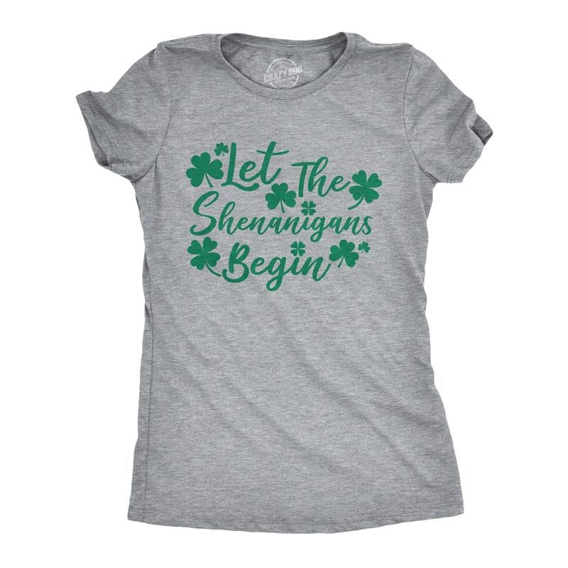 Womens Let The Shenanigans Begin Funny Saint Patricks Day Saying T-Shirt Clover Funny Womens T Shirts Cute Slimming Top Comfortable Soft Womenswear Saint Patrick's Day Tops for Women Women's Novelty Light Grey