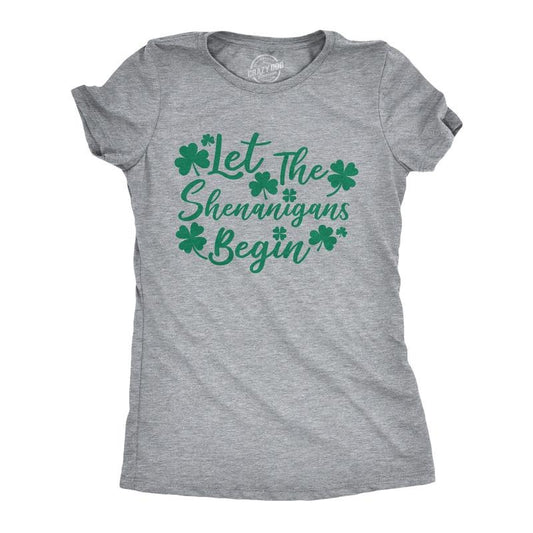 Womens Let The Shenanigans Begin Funny Saint Patricks Day Saying T-Shirt Clover Funny Womens T Shirts Cute Slimming Top Comfortable Soft Womenswear Saint Patrick's Day Tops for Women Women's Novelty Light Grey