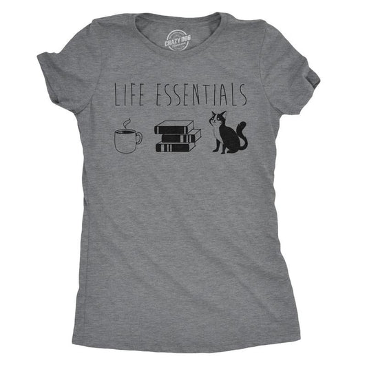 Womens Life Essentials T shirt Funny Coffee Cat Mom Lover Cute Graphic Ladies Funny Womens T Shirts Cute Slimming Top Comfortable Soft Dark Grey
