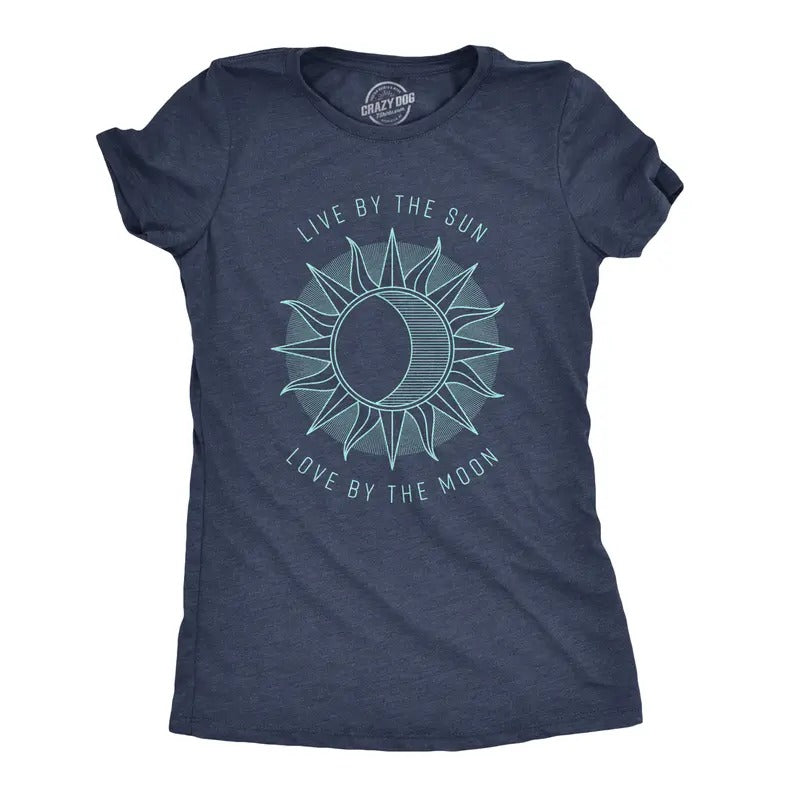 Womens Live By The Sun Love By The Moon Cool Beach Tee Vacation T Shirt Funny Womens T Shirts Cute Slimming Top Comfortable Soft Womenswear Women's Novelty Tees Navy