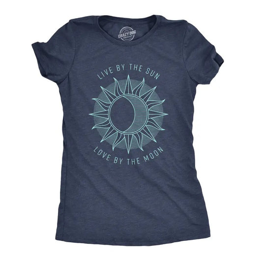 Womens Live By The Sun Love By The Moon Cool Beach Tee Vacation T Shirt Funny Womens T Shirts Cute Slimming Top Comfortable Soft Womenswear Women's Novelty Tees Navy