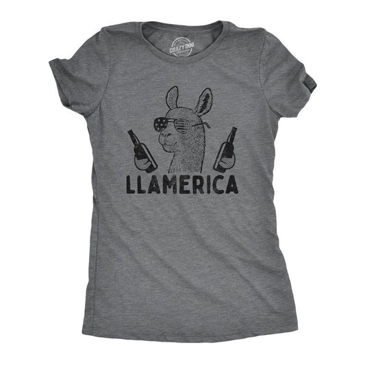 Womens Llamerica T Shirt Funny 4th Of July Patriotic Beer Drinking Llama Graphic Novelty Party Tee Funny Womens T Shirts Cute Slimming Top Comfortable Soft Womenswear Patriotic Tops for Women Funny Dark Grey