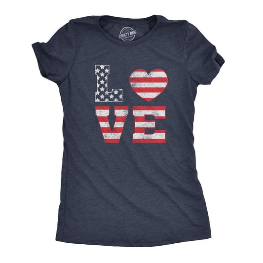 Womens Love American Flag T Shirt Cute Patriotic Red White and Blue Tee Funny Womens T Shirts Cute Slimming Top Comfortable Soft Navy -