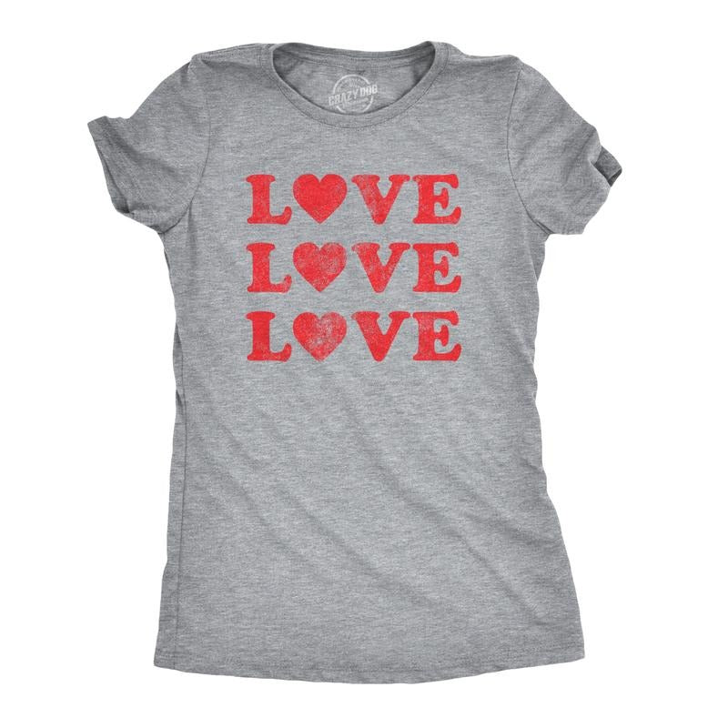 Womens Love Love Love Hearts T Shirt Cute Valentines Day Tee Funny Womens T Shirts Cute Slimming Top Comfortable Soft Womenswear Love Tops for Women Funny Vintage Top Women's Novelty Tees Light Grey