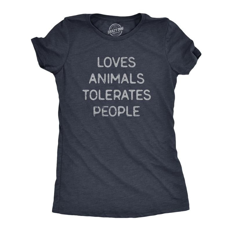 Womens Loves Animals Tolerates People T Shirt Funny Introverted Pet Lover Tee For Ladies Funny Womens T Shirts Cute Slimming Top Comfortable Soft Womenswear Introvert Tops for Women Funny Animal Top Navy -