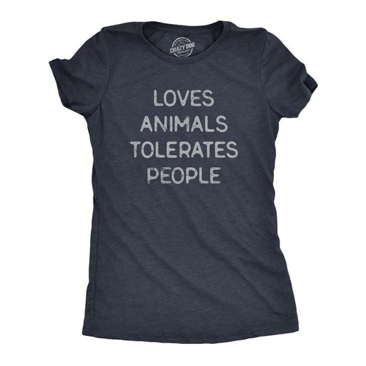 Womens Loves Animals Tolerates People T Shirt Funny Introverted Pet Lover Tee For Ladies Funny Womens T Shirts Cute Slimming Top Comfortable Soft Womenswear Introvert Tops for Women Funny Animal Top Navy -