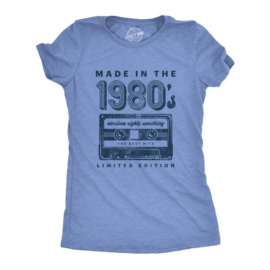 Womens Made In The 1980s T Shirt Funny Retro Cassette Tape Music Graphic Tee Funny Womens T Shirts Cute Slimming Top Comfortable Soft Light Blue