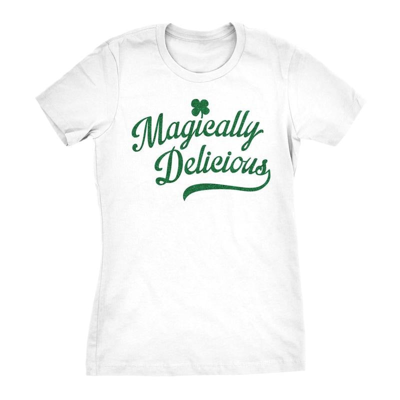 Womens Magically Delicious T Shirt Funny Shamrock Irish Tee Funny Womens T Shirts Cute Slimming Top Comfortable Soft Womenswear Saint Patrick's Day Tops for Women Women's Novelty Tees White -