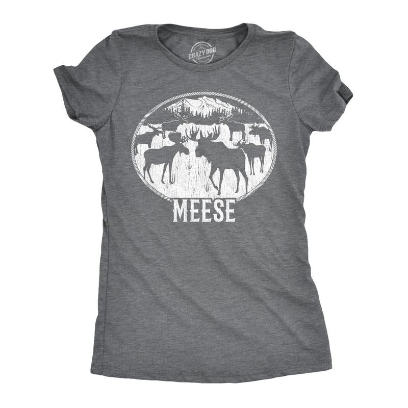 Womens Meese T Shirt Funny Moose Hilarious Sarcastic T Shirt Funny Womens T Shirts Cute Slimming Top Comfortable Soft Womenswear Hunting Tops for Women Funny Camping Top Women's Novelty Tees Dark Grey