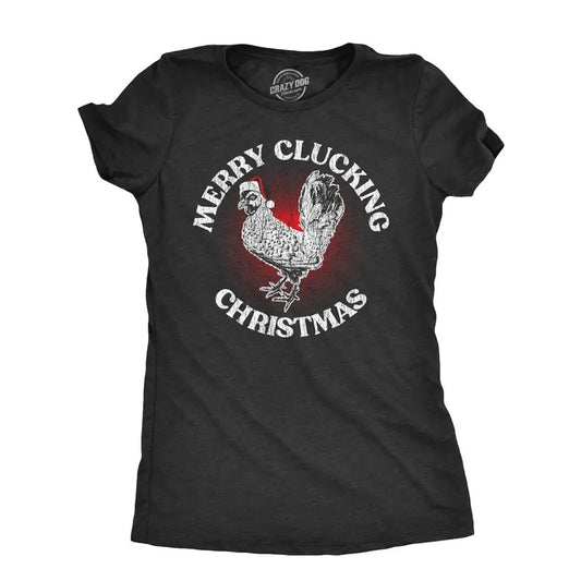 Womens Merry Clucking Christmas T Shirt Funny Xmas Rooster Chicken Joke Tee for Ladies Funny Womens T Shirts Cute Slimming Top Comfortable Soft Womenswear Christmas Tops for Women Funny Animal Top Black -