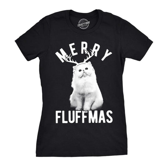 Womens Merry Fluffmas T Shirt Funny Christmas Cat Tee Funny Womens T Shirts Cute Slimming Top Comfortable Soft Womenswear Christmas Tops for Women Funny Cat Top Women's Novelty Tees Black
