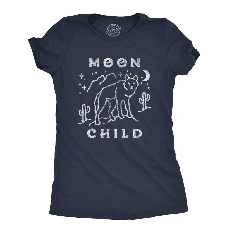 Womens Moon Child T Shirt Funny Desert Wolf Coyote Novelty Graphic Tee Funny Womens T Shirts Cute Slimming Top Comfortable Soft Navy