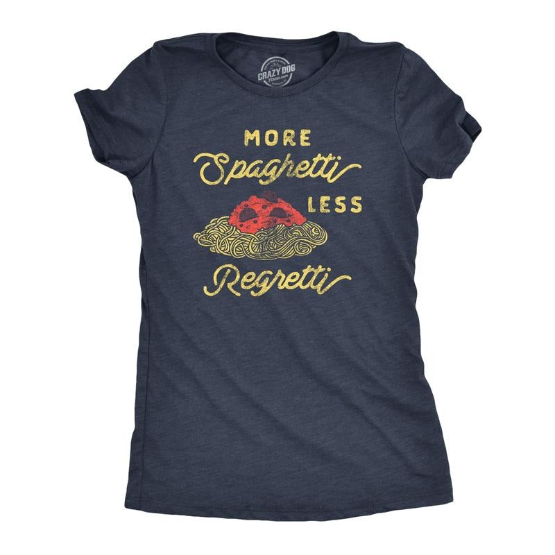 Womens More Spaghetti Less Regretti T Shirt Funny Italian Food Pasta Lovers Tee for Ladies Funny Womens T Shirts Cute Slimming Top Comfortable Soft Womenswear Sarcastic Tops for Women Funny Food Top Navy -