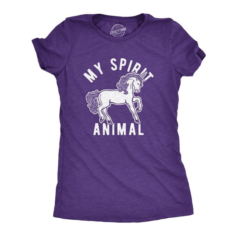 Womens My Spirit Animal: Unicorn T Shirt Funny Mythical Horse Sarcastic Graphic Novelty Tee Funny Womens T Shirts Cute Slimming Top Comfortable Soft Womenswear Funny Unicorn Top Women's Novelty Tees Purple