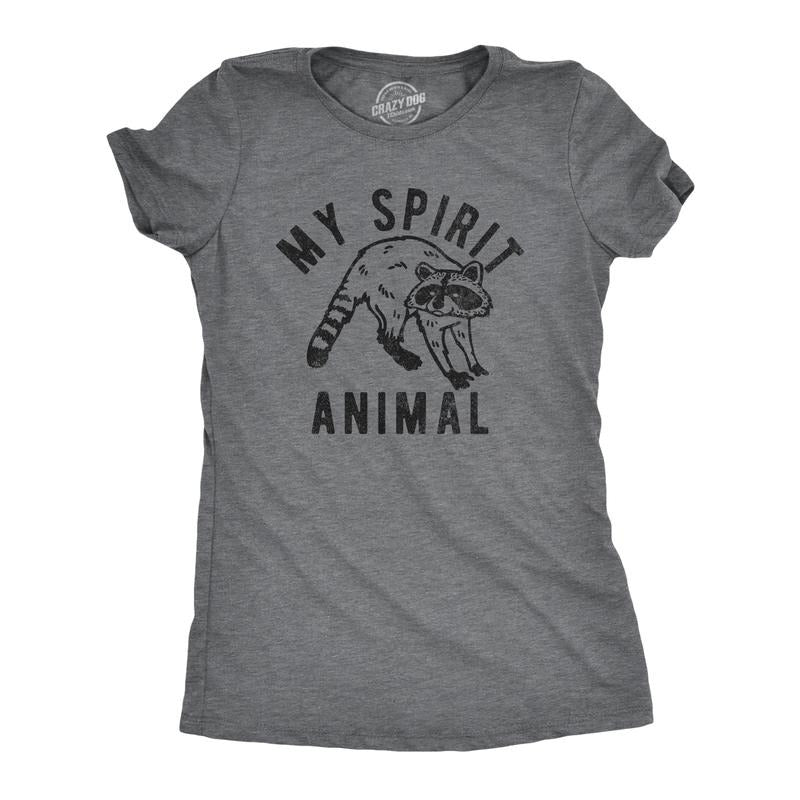 Womens My Spirit Animal Raccoon T Shirt Funny Sarcastic Joke Tee for Ladies Funny Womens T Shirts Cute Slimming Top Comfortable Soft Womenswear Sarcastic Tops for Women Funny Animal Top Women's Dark Grey