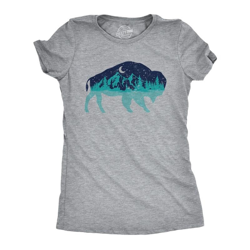 Womens Nature Bison T Shirt Funny Cool Outdoor Lovers Buffalo Tee For Ladies Funny Womens T Shirts Cute Slimming Top Comfortable Soft Womenswear Animal Tops for Women Funny Camping Top Women's Novelty Light Grey
