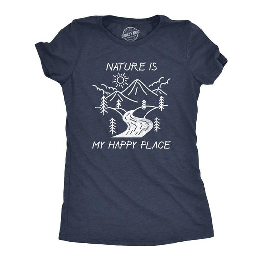 Womens Nature Is My Happy Place T Shirt Funny Outdoor Camping Hiking Lovers Tee For Ladies Funny Womens T Shirts Cute Slimming Top Comfortable Soft Womenswear Funny Camping Top Women's Novelty Tees Navy -