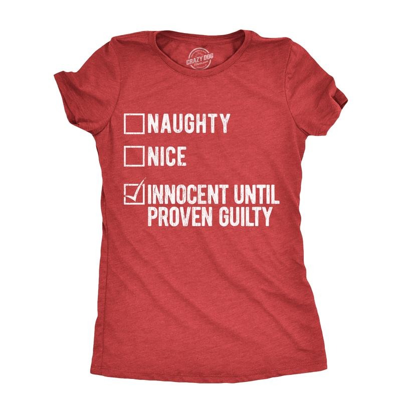 Womens Naughty Nice Innocent Until Proven Guilty T Shirt Funny Xmas Santas List Joke Tee For Ladies Funny Womens T Shirts Cute Slimming Top Comfortable Soft Womenswear Christmas Tops for Women Funny Red -